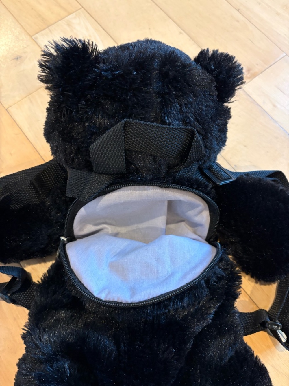 Backpack Black Bear Adjustable Straps Zipper Pocket Soft Furry Teddy Bear Unisex - Picture 7 of 7
